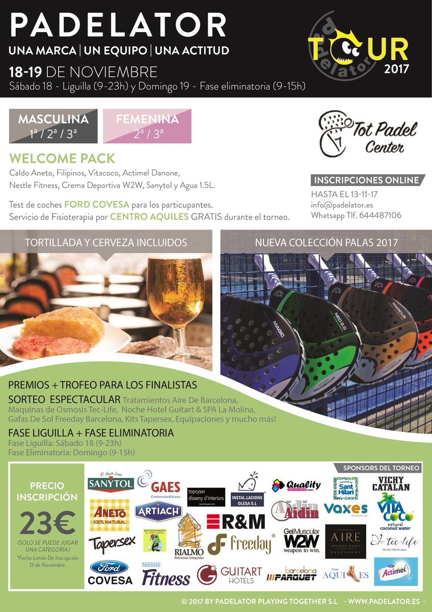 Familia ya tenemos el próximo evento Padelator los días 18 y 19 de noviembre!
Formulario inscripciones aquí: goo.gl/forms/RxVKm8I2…