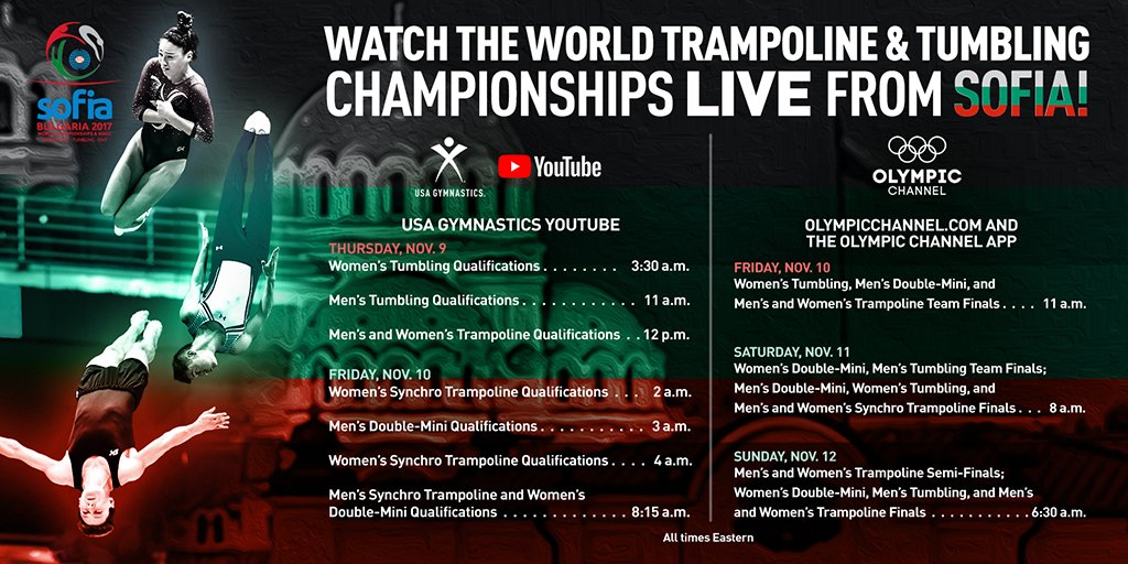 USAGym's tweet photo. Live coverage of the 2017 World Trampoline and Tumbling Championships begins Thursday! https://t.co/JfNUwc3F5O