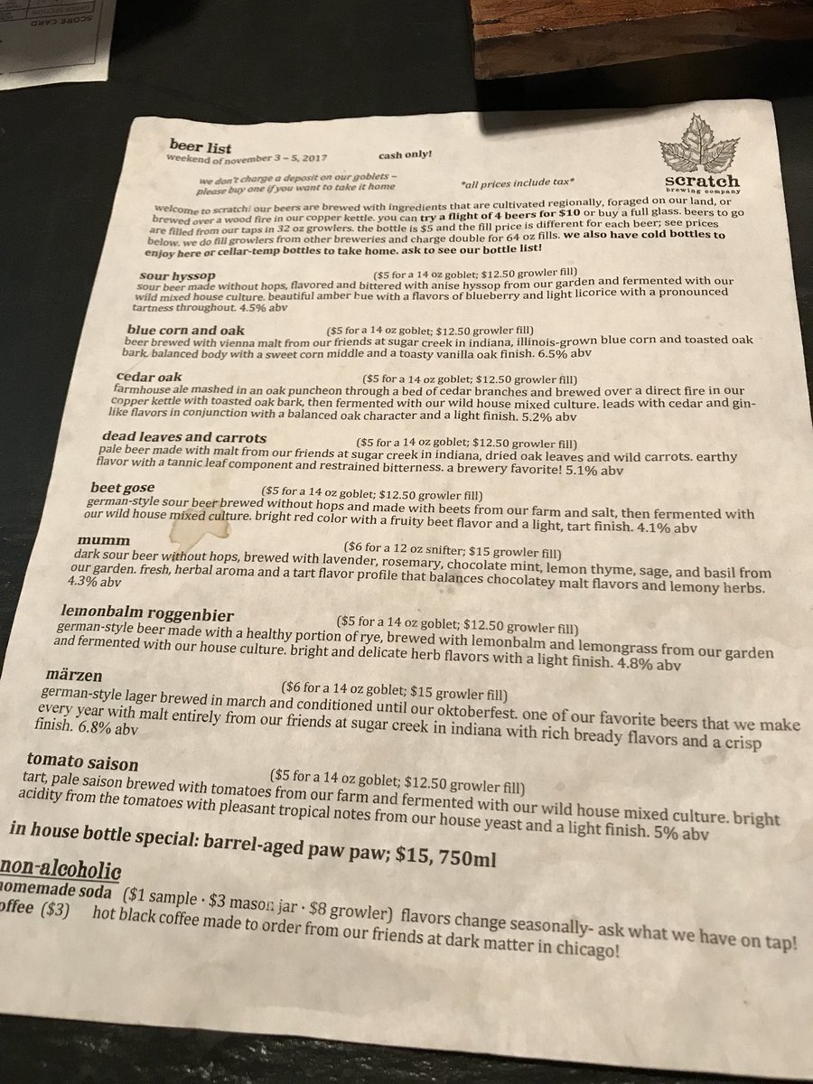 chongo_BBNR's tweet photo. @enosarris Thought you might be interested in the Scratch menu from this weekend. Tomato saison &amp; sour hyssop were 🔥 https://t.co/o7lbHD9es2