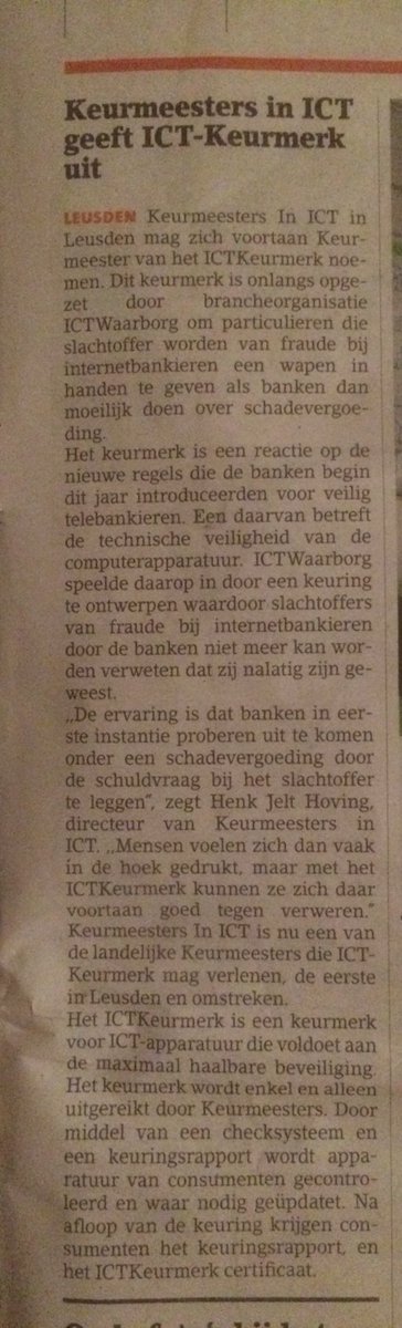 Interview over Keurmeesters in ICT in de Leusder Krant.
Meer weten? Kijk op keurmeestersinict.nl