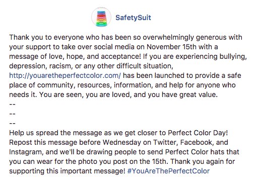 SafetySuit's tweet photo. If you're experiencing bullying, depression, racism, or anything else, go to https://t.co/23zN4VFIBB

Retweet for hat giveaway -> see image https://t.co/U8ZMBqkMQW