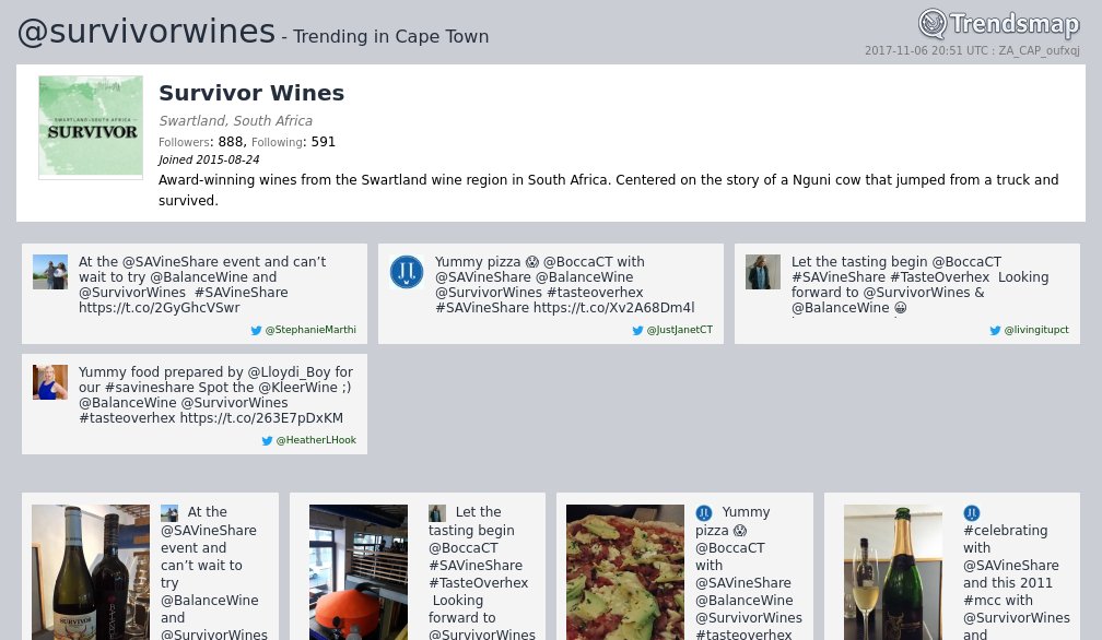 TrendsCapeTown's tweet photo. Survivor Wines, @survivorwines is now trending in #CapeTown
https://t.co/DpOWBDdQ39 https://t.co/Pmh54aO1zb