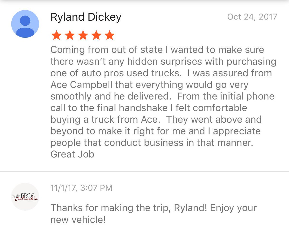 autoPROScola's tweet photo. More awesome reviews from our customers. Read below why they think you should buy your next vehicle from autoPROS. Thanks, guys! https://t.co/flHDKeuyvX