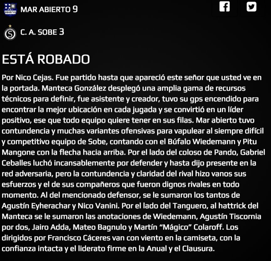 #SERIE2 #B
✎ ESTÁ ROBADO
Está imparable el tanguero
<a href="/MarAbiertoFC/">Mar Abierto</a>
ligamvd.com
#MODOMVD