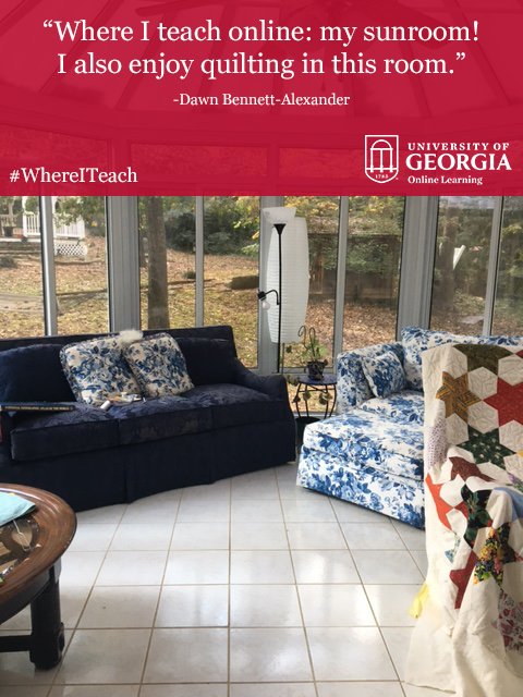 UGA_Online's tweet photo. #UGA Professor, Dawn Bennett-Alexander, teaches online in her home's sunroom. #WhereITeach https://t.co/0TiXF9oLwv