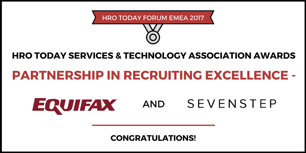 HROToday's tweet photo. Our Partnership in Recruiting Excellence award went to @Equifax and @SevenstepRPO at our #HROT2017 Forum EMEA! https://t.co/5NLRX7r3Sw