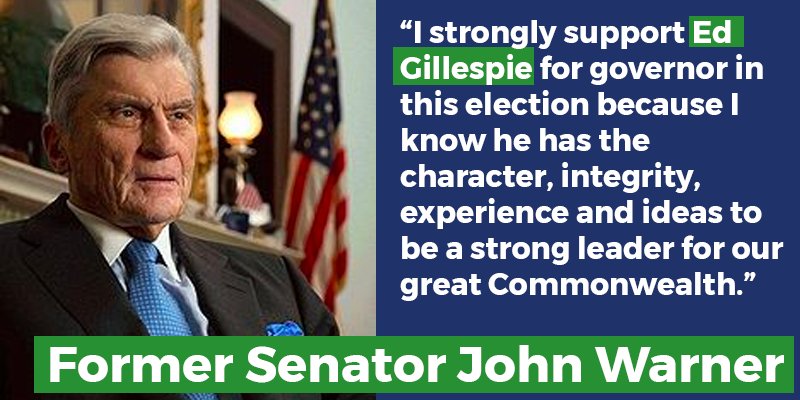 EdForVirginia's tweet photo. Former Senator John Warner served in public office with 10 VA governors. He knows @EdWGillespie will be a great one. https://t.co/XEIZuYIjSb https://t.co/KGZ0OvNgsr