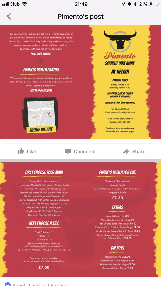 Relish1a's tweet photo. Pimento is our new Spanish takeaway based at Relish in Grotton every Friday and Saturday 5pm to 9.30pm. #oldhamhour https://t.co/s2K8TYZDct