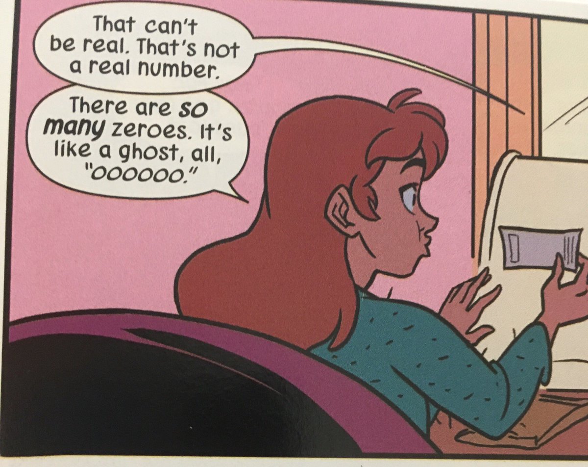 A panel from “Patsy Walker AKA Hellcat!”, where Patsy holds up a check and says “There are so many zeros. It’s like a ghost, all, ‘oooooo’.”