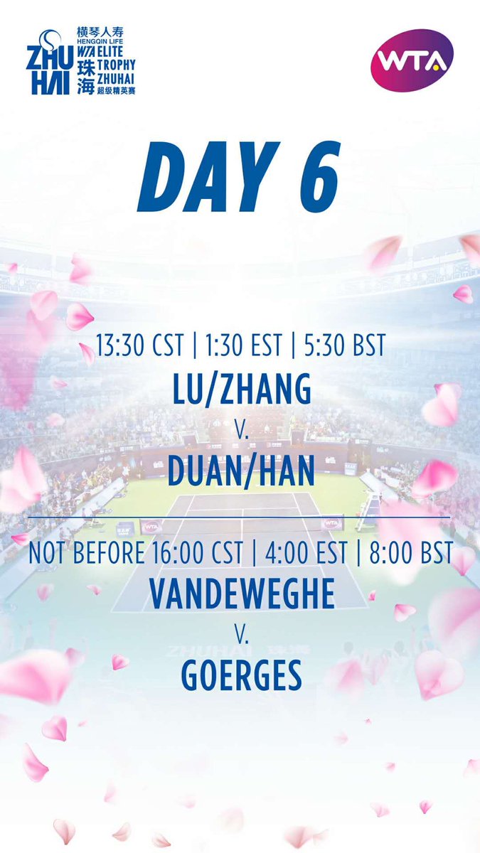 WTAEliteTrophy's tweet photo. 13:30 #DoublesFinal
🇨🇳🇨🇳Lu/Zhang vs Duan/Han🇨🇳🇨🇳

NB 16:00 #SinglesFinal 
🇺🇸 Vandeweghe vs Goerges 🇩🇪

Who will #ShineInZhuhai ? https://t.co/qUA4kfgdB4