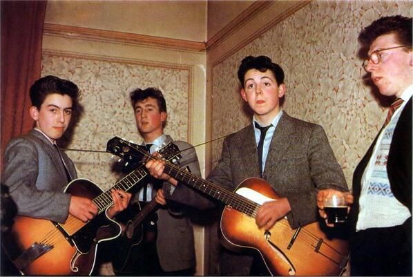 hockdesoul's tweet photo. The Beatles in 1957, 14 year old George Harrison, 16 year old John Lennon and, 15 year old Paul McCartney. https://t.co/Kk9o7vFS14