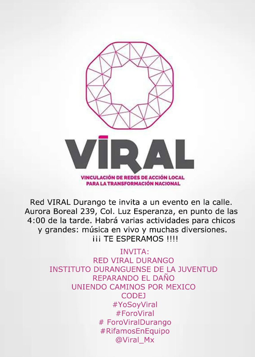 Atrévete a vivir esta gran experiencia comunitaria en beneficio de la sociedad
#RifamosEnEquipo #ForoViralDurango #YoSoyViral <a href="/JRAL15/">Jose Ramon Aldava L.</a>