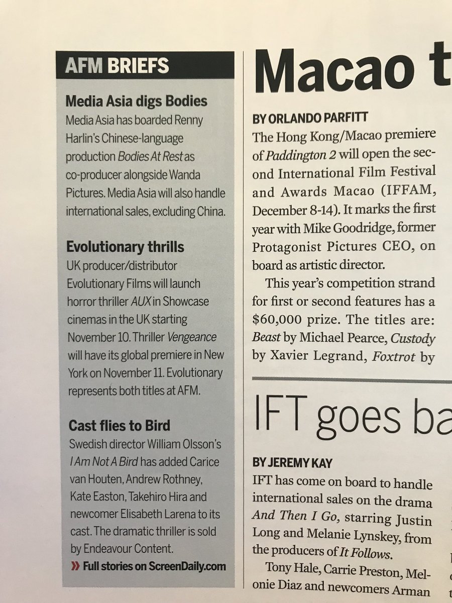 EvoFilmsUK's tweet image. From today’s @Screendaily at #AFM2017