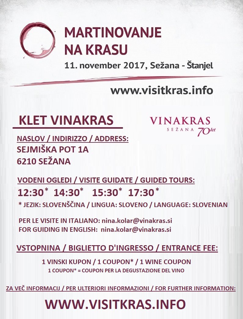 Vinakras's tweet photo. Martinovanje na Krasu 2017!
11.11.2017 bo svoja vrata odprla tudi klet @Vinakras. Pridružite na sprehodu skozi prenovljene dele kleti. 🍷👍 https://t.co/4FA1p8XLTa
