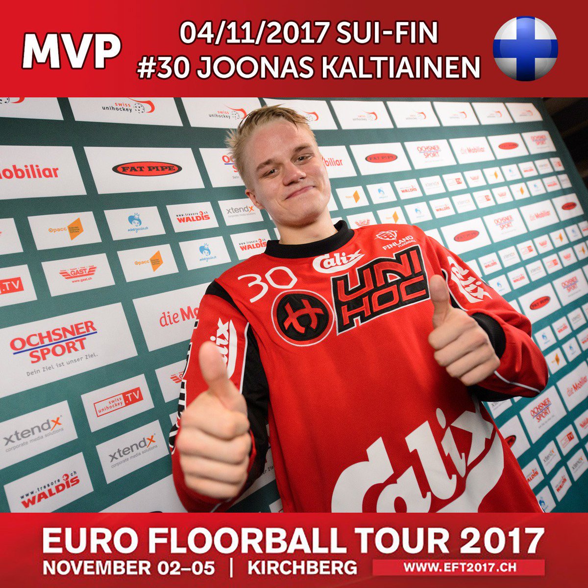 And MVP from tonight's contest was...well who else?! #Finland's unbeatable goalkeeper Joonas Kaltiainen! ✋👐👏🔥🔵⚪ #EFT2017 #floorball