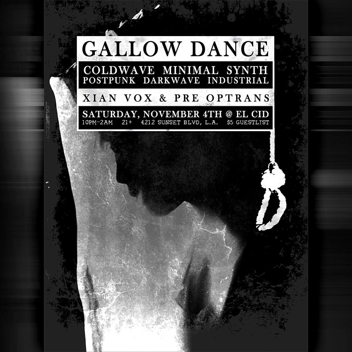 xianvox's tweet photo. ██ #LADEAD presents
██ #GALLOWDANCE TONIGHT
██ #MinimalSynth #Coldwave #PostPunk #Industrial #LosAngeles
$5 RSVP @ https://t.co/r6CTQeRfbS https://t.co/kWXlQ2Co9a