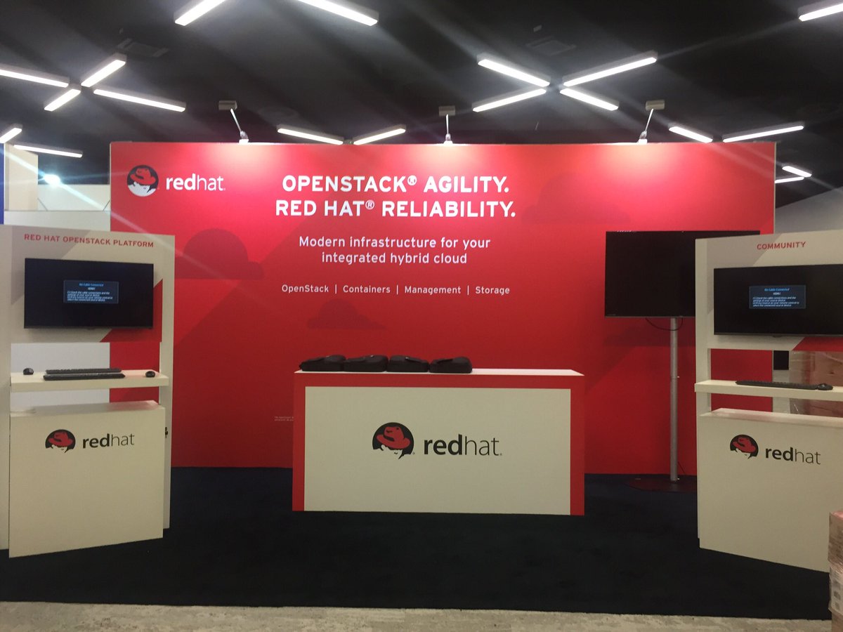 JenInnovate's tweet photo. Getting #RedHat booth ready for #OpenStackSummit! Come by booth B1 to talk #OpenStack and grab some swag! @RedHatNews @RedHatEvents https://t.co/jJx98aMOhL