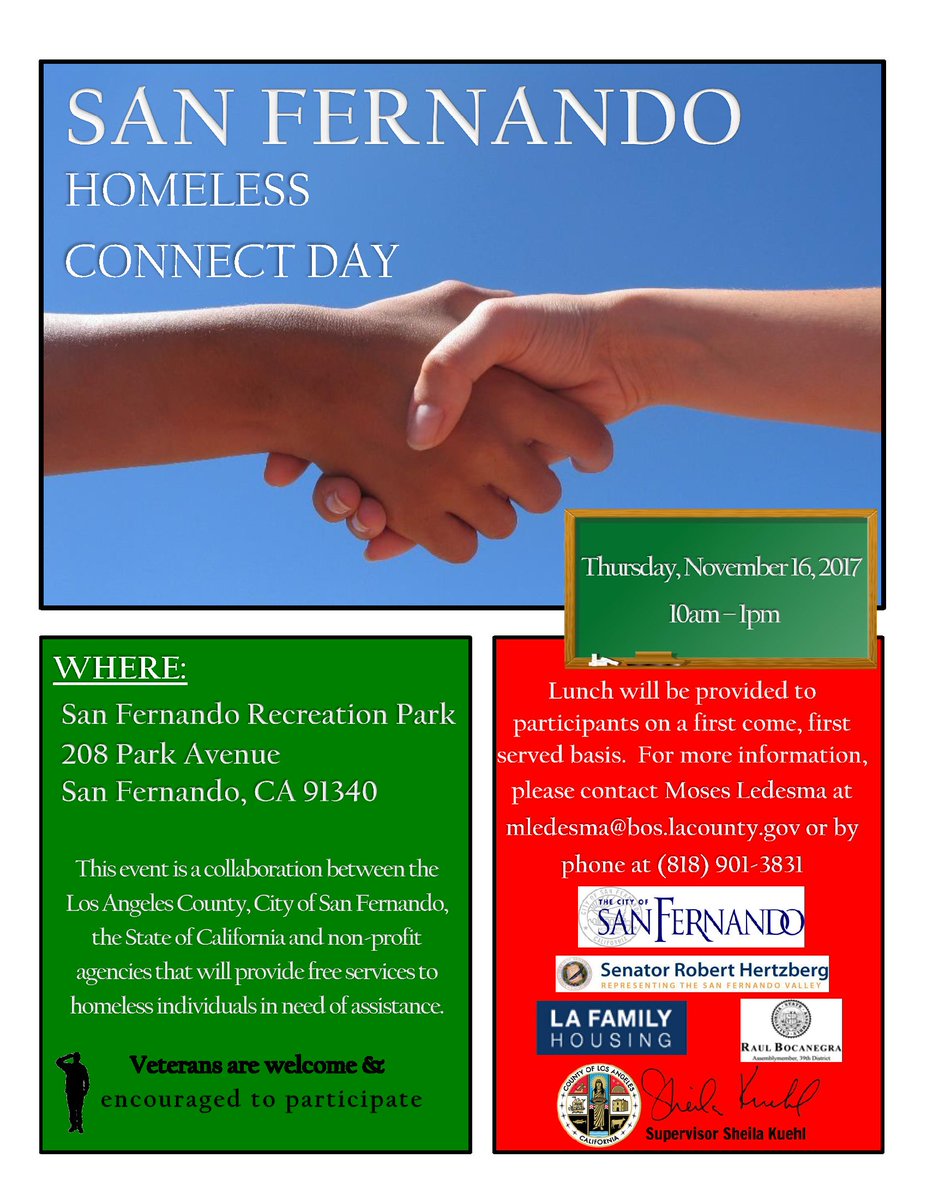 SanFernandoPD's tweet photo. #HomelessConnectDay will provide FREE services to #Homeless individuals in need @SenateHertzberg @LAFamilyHousing @AsmBocanegra @SheilaKuehl https://t.co/QxGl6p0br2
