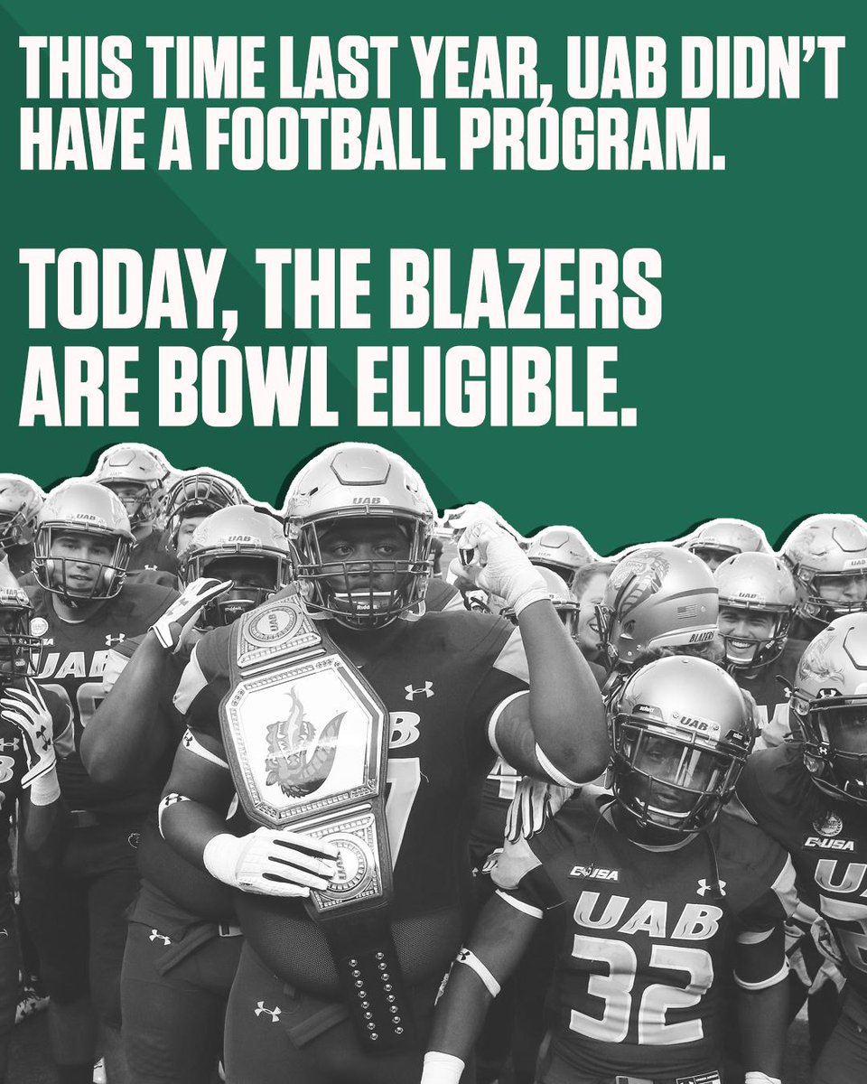 espn's tweet photo. What a story.

After ending football and taking two years off, @UAB_FB is 6-3 and will be bowling in its first season back. https://t.co/IiSQAfUx1v
