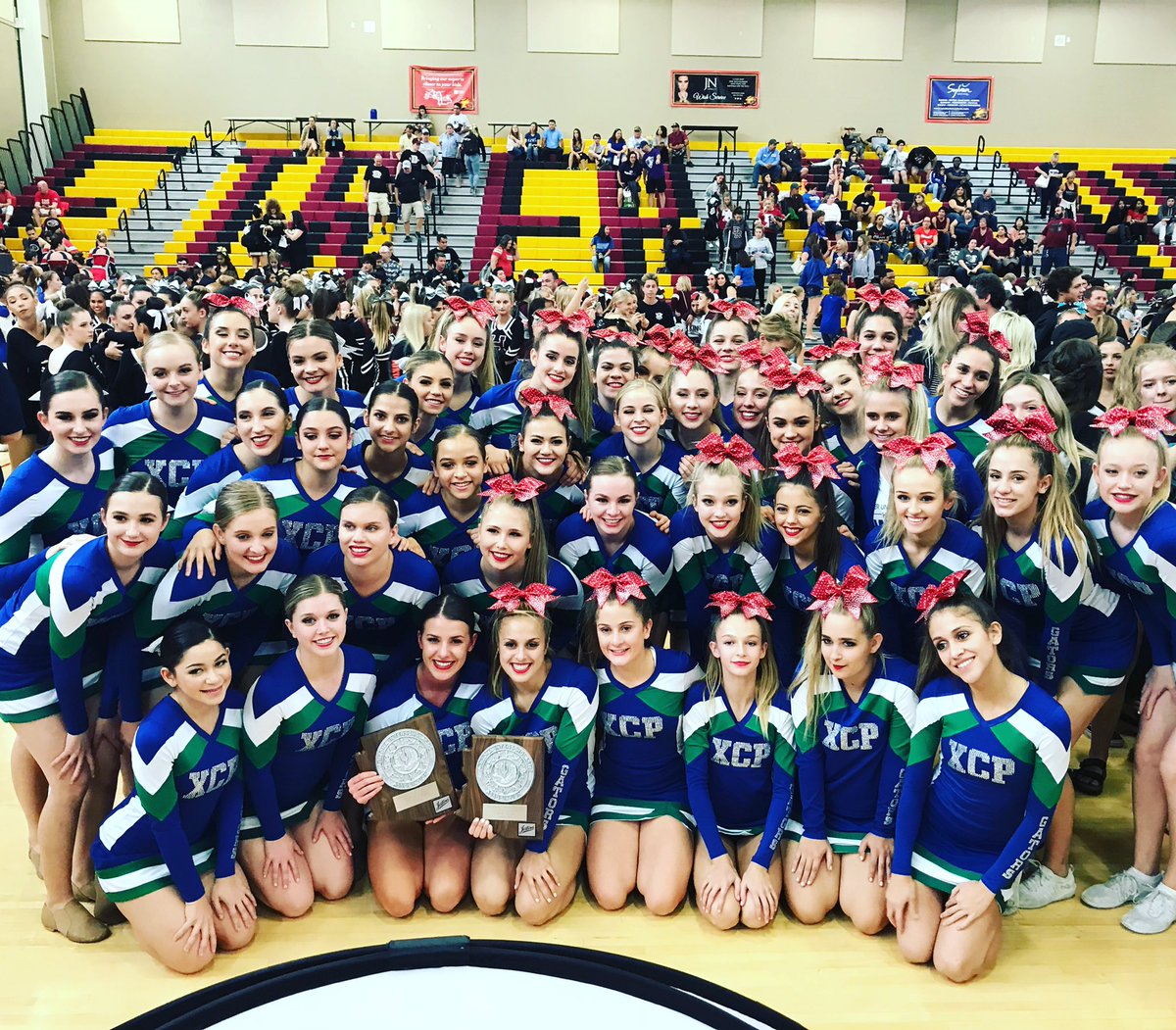 XCP_Spiritline's tweet photo. Xavier Spiritline Regional Runner-Ups! Both cheer and Pom qualifying for State! We're proud of you girls! #chompemup https://t.co/9xzdNaHpQK