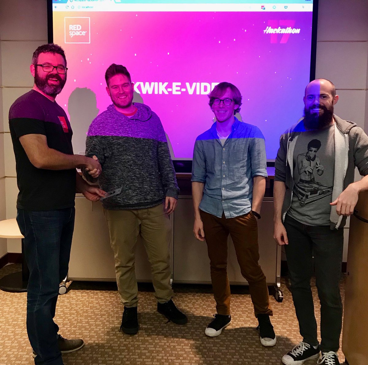theredspace's tweet photo. Most Complete goes to Kwik-E-Video! Great execution and hilarious presentation! #hackathon17 https://t.co/Tv76siVFxb