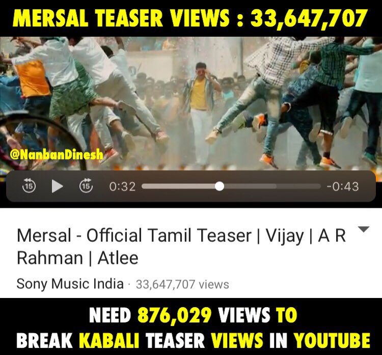 NanbanDinesh's tweet image. Just 876k+ Views Need To Break Old Record In YouTube ! #Mersal Teaser 💪

UNSTOPPABLE MERSAL STREAK