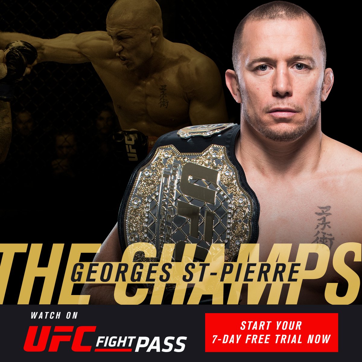 UFCFightPass's tweet photo. WELCOME BACK GSP!!! #AndNew!! 

Check out @GeorgesStPierre's Champs collection NOW on #UFCFIGHTPASS!

https://t.co/xm3LKpUQl2 https://t.co/ooWDNeU3JO