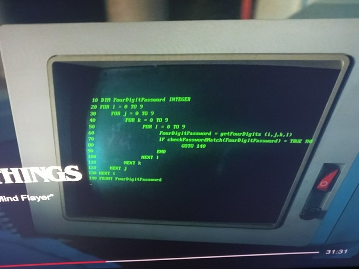 KevKevOnFire's tweet photo. In this episode of Stranger Things, a computer password is hacked by guessing every 4 digit number. https://t.co/XnCvWSIxLf