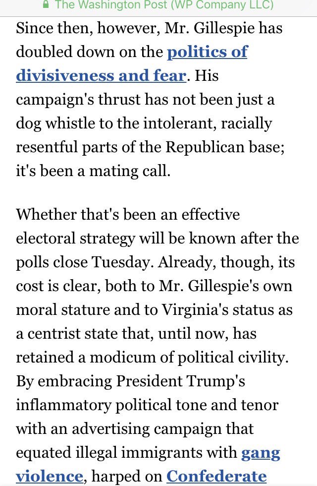 tomperriello's tweet photo. WaPo unleashes again on @EdWGillespie for immoral campaign and divisive response to Cville. On Tuesday, let's make sure #VirginiaValues win! https://t.co/Sb4kn9jRvn