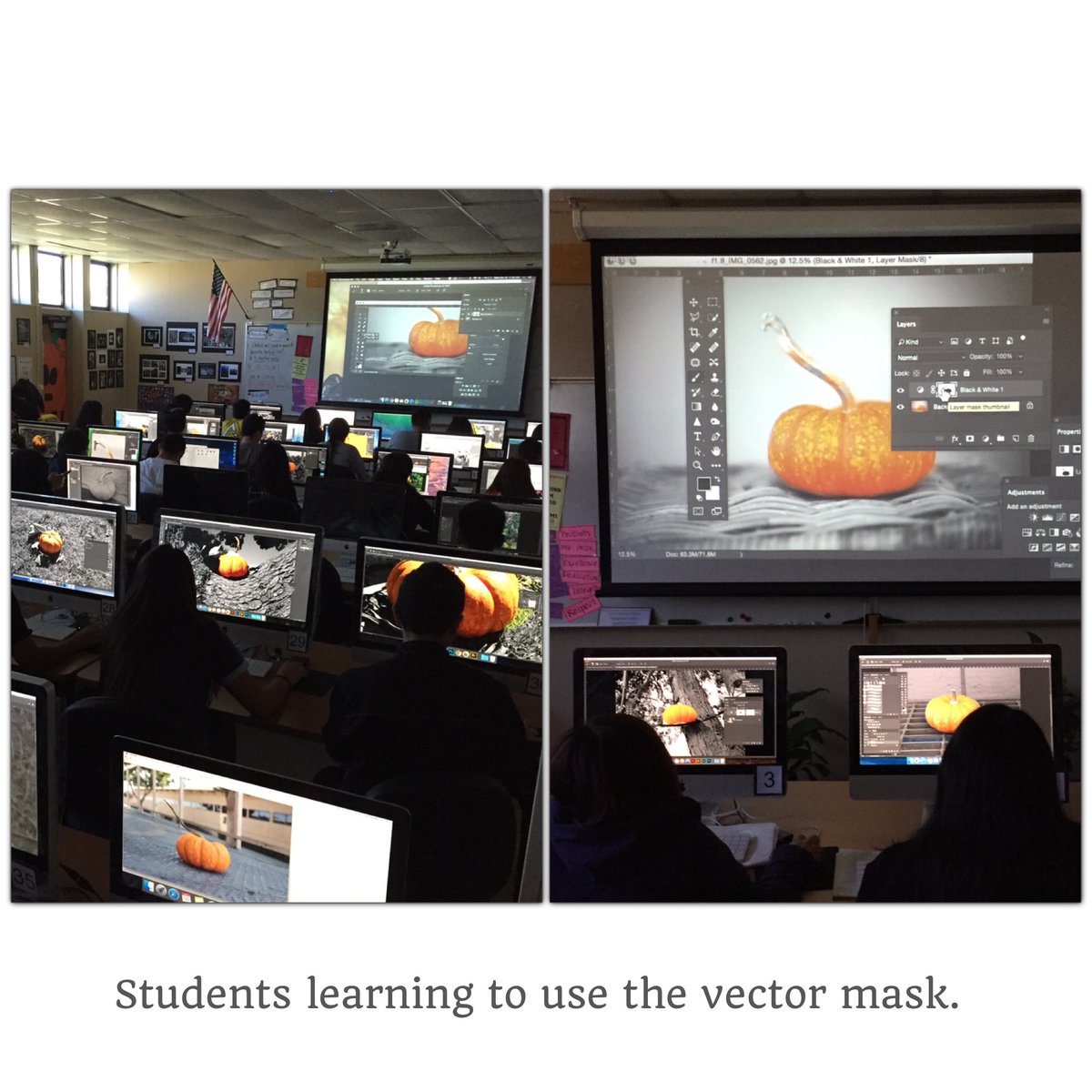 ArtsAdvocate's tweet photo. Students learning to use a vector mask. #Fall #October #Pumpkins @Photoshop #Fun https://t.co/tdy7tmbd3B