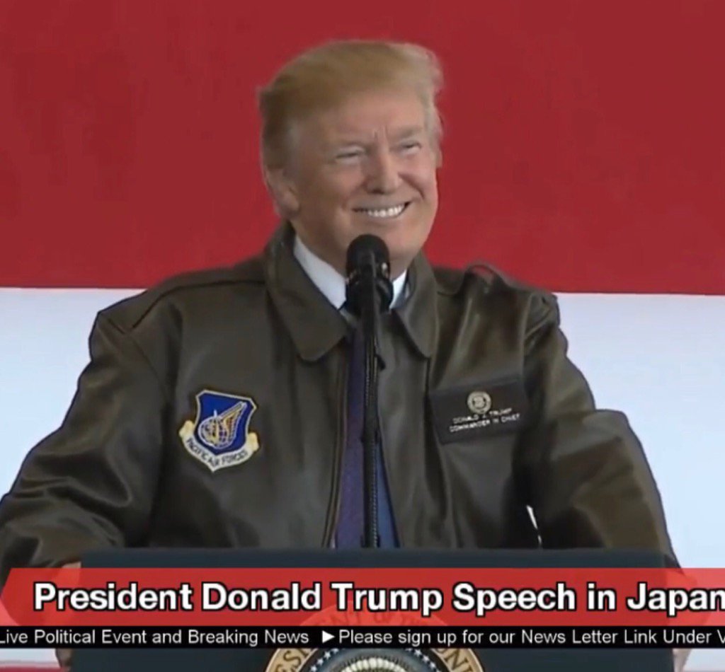 SebGorka's tweet photo. "Be proud of our flag, be proud of our nation.

You are the greatest threat to dictators."
@realDonaldTrump in Japan. https://t.co/K7aPl9Fjhv