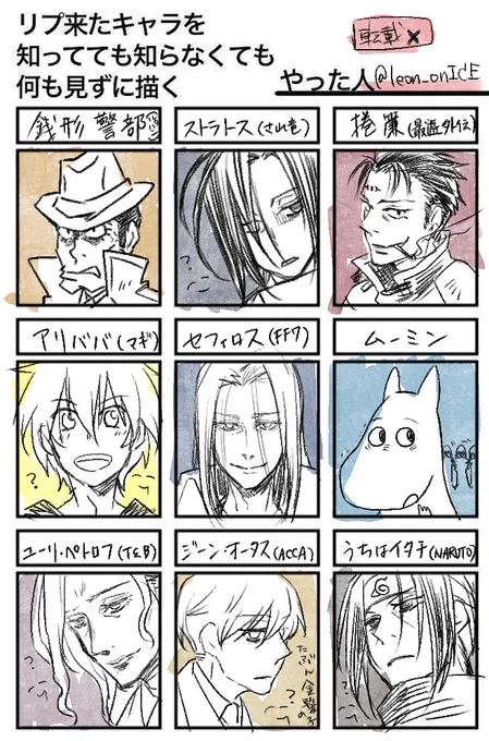 #リプきたキャラを知ってても知らなくても何も見ずに描く
銭形警部と捲簾とムーミンは自信あり
あとは雰囲気とうろ覚え

ありがとうございました! 
