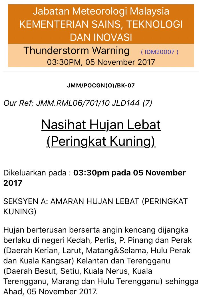 THBM_HQ's tweet photo. @malaysianmet @JKRPerlis @jkr_kedah @JKRPulauPinang @JKRMalaysia Amaran Hujan Lebat (Peringkat Kuning) oleh @malaysianmet pada 3.30 pm 5 November 2017 #THBMHQ #THBMPerlis #THBMKedah #THBMPenang https://t.co/vivcgzEttd