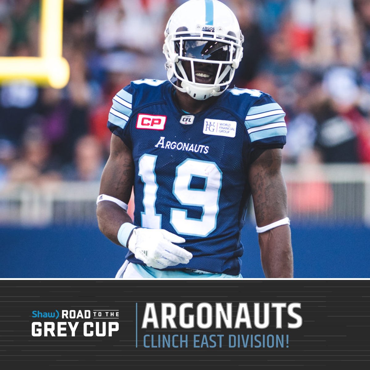 CFL's tweet photo. CLINCHED!

The @TorontoArgos  are the 2017 East Division Champs! #ArgosFootball

@Shaw_CFL #RoadToTheGreyCup https://t.co/T0wBpnYFvM