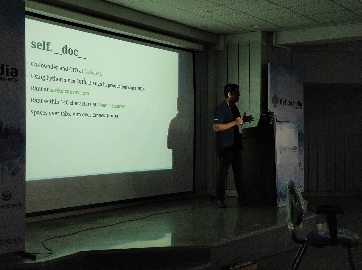 dotgourav's tweet photo. Django lover? Django on steroids - Building applications at web scale talk just started. Get to room 742 @pyconindia
#doselect #python https://t.co/KnSxpo12xs