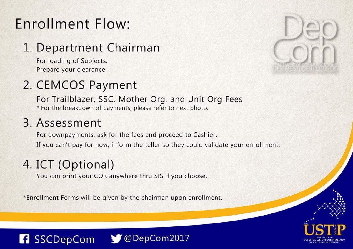 DepCom2017's tweet photo. This will be the enrollment flow and the CEMCOS fee for the students to pay. 

Please be guided. https://t.co/TrWKRhgNF9