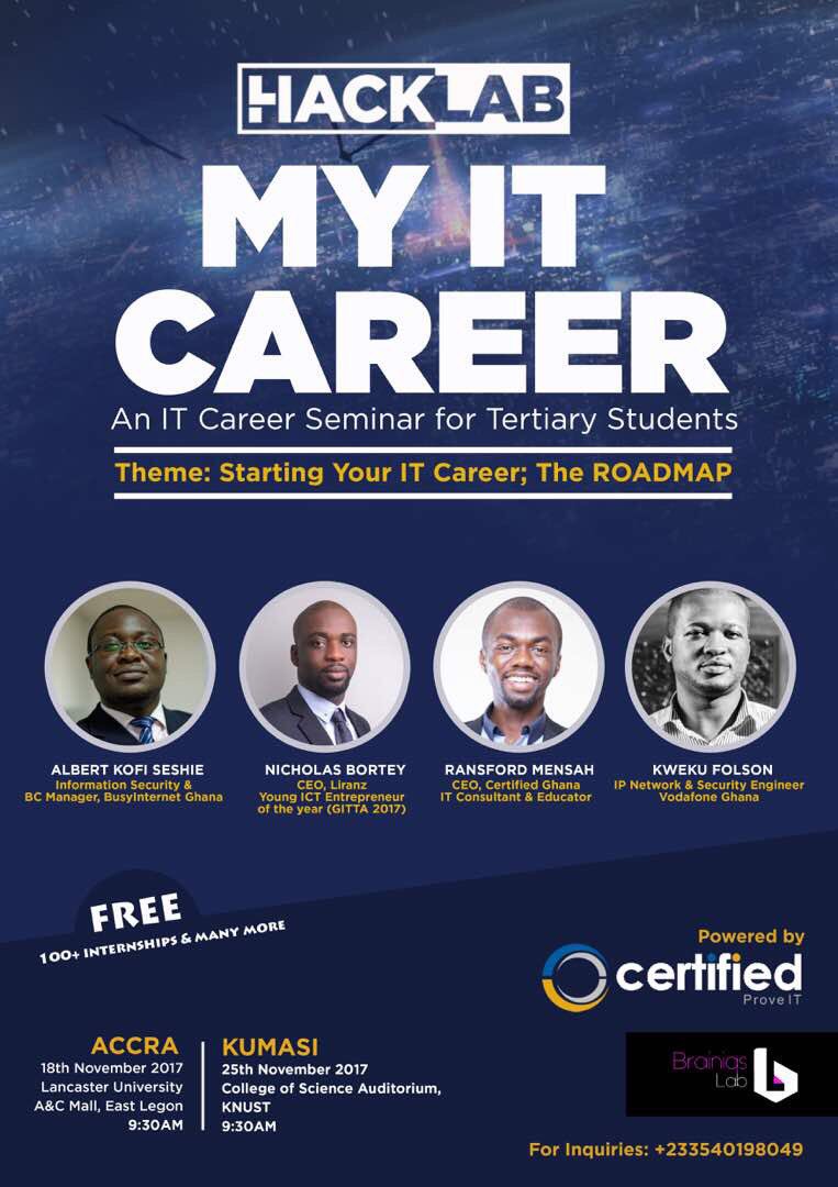 brainiqslab's tweet photo. Are you confused about where to or how to start your career in IT? 

This seminar is meant for you. Save the Date ! @LancasterGhana 🎉🎉 https://t.co/wyIm0i8vFm