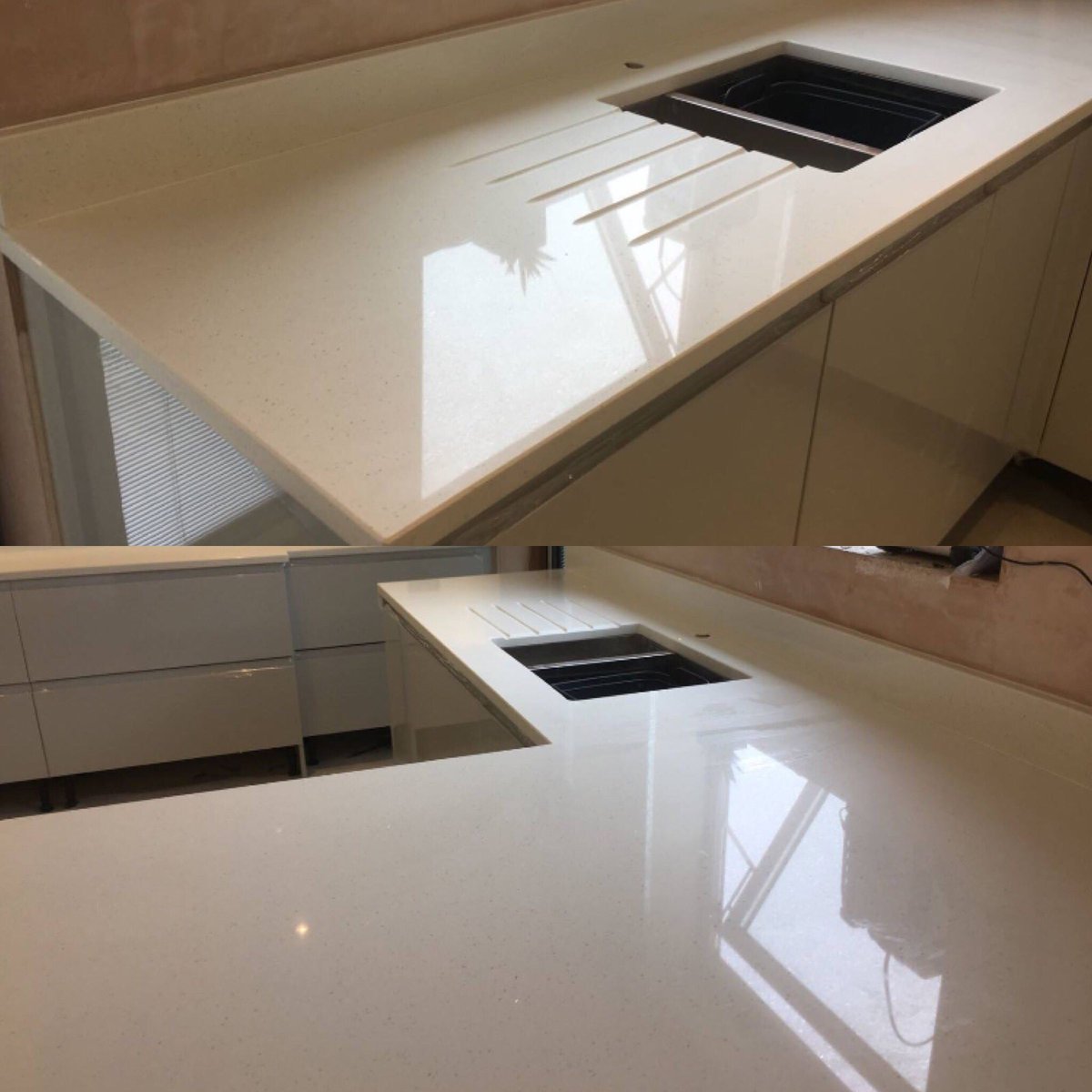 Bianco Diamanté fitted to a new Kitchen for a very satisfied customer. Undermounted sink, splash-back, upstands and drainer grooves.