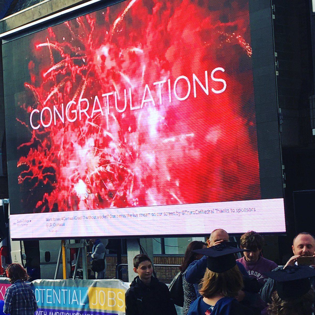 DuchyCollege's tweet photo. Thank you to our big screen sponsors @UP_Cornwall &amp; @swlakes it  made for a great party vibe in the centre of Truro #cornwallgrad17 https://t.co/oMweRlSRo5