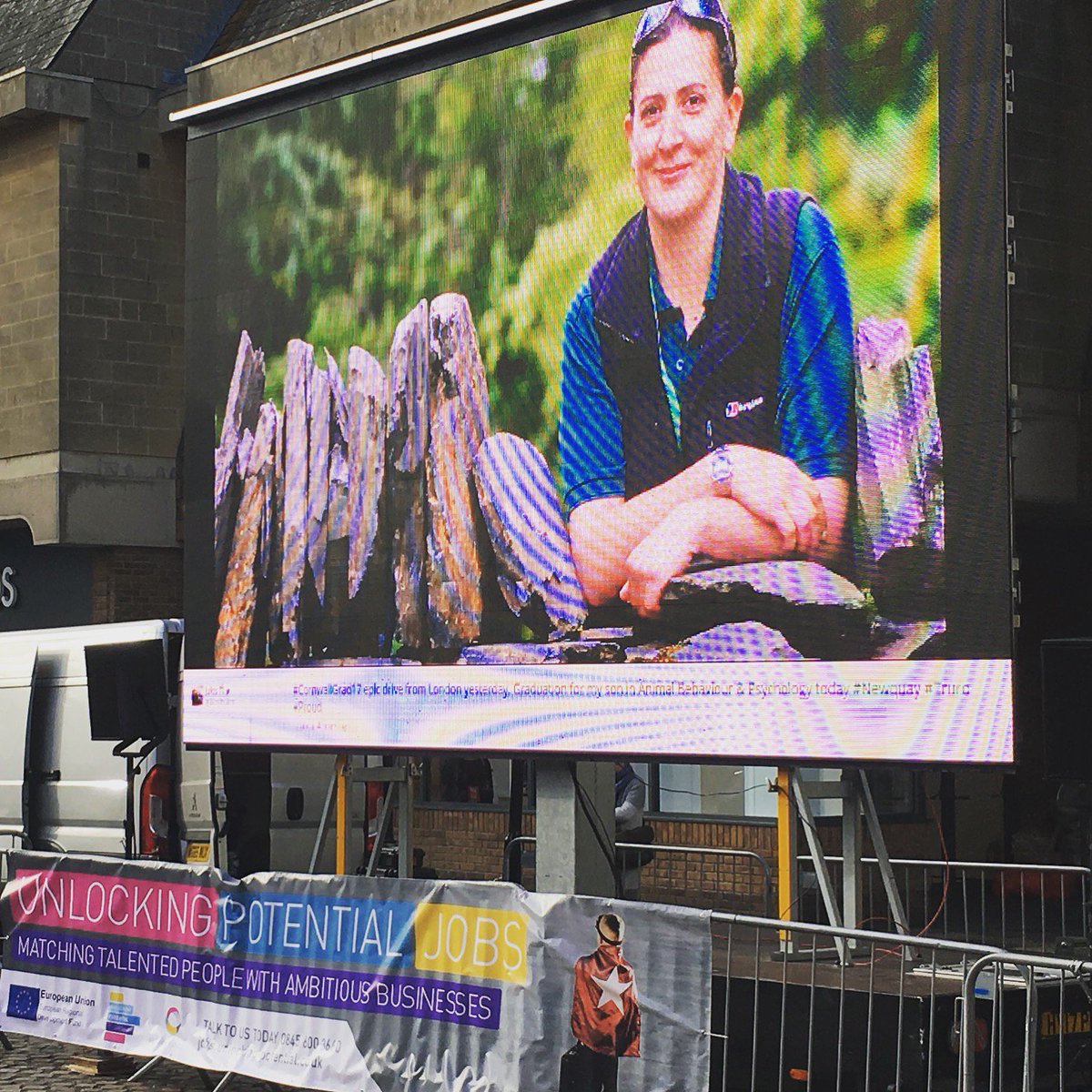 DuchyCollege's tweet photo. Thank you to our big screen sponsors @UP_Cornwall &amp; @swlakes it  made for a great party vibe in the centre of Truro #cornwallgrad17 https://t.co/oMweRlSRo5