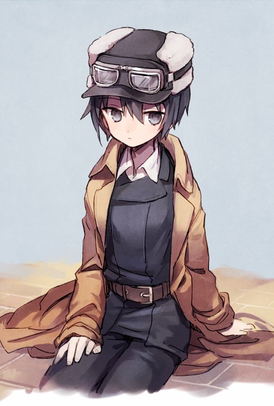 kino (kino no tabi) 1girl solo hat coat goggles on headwear sitting short hair  illustration images