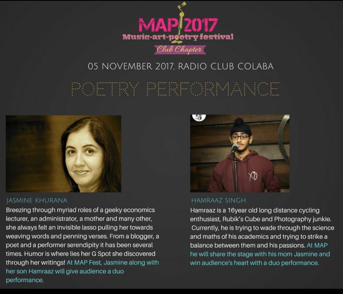 JasmineKhurana3's tweet photo. An honor, a privilege to be performing with such a talented lineup!
#MAP2017 #poetry #radioclub #banterbetweengenerations https://t.co/wr5dj0MAXW
