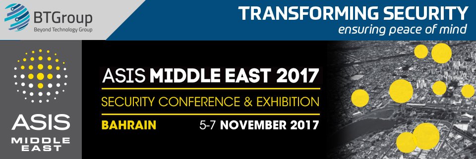 BTGroupKSA's tweet photo. BTG is participating in ASIS Middle East 2017 Security Conference &amp; Exhibition. Boost your premises security with award winning innovative solutions from @BTGroupKSA https://t.co/5GP4sSWMbD