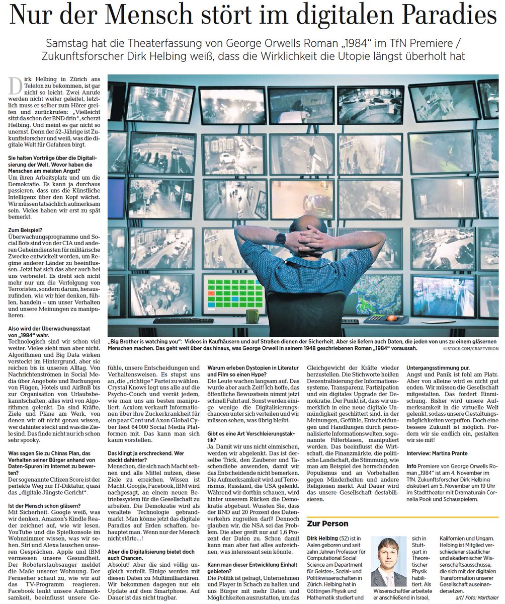 FuturICT's tweet photo. Nur der Mensch stört noch im digitalen Paradies,Interview m.@DirkHelbing
#GeorgeOrwell #DataDictatorship #TechnologicalTotalitarism @hoven_j https://t.co/ONxVGqfLHp