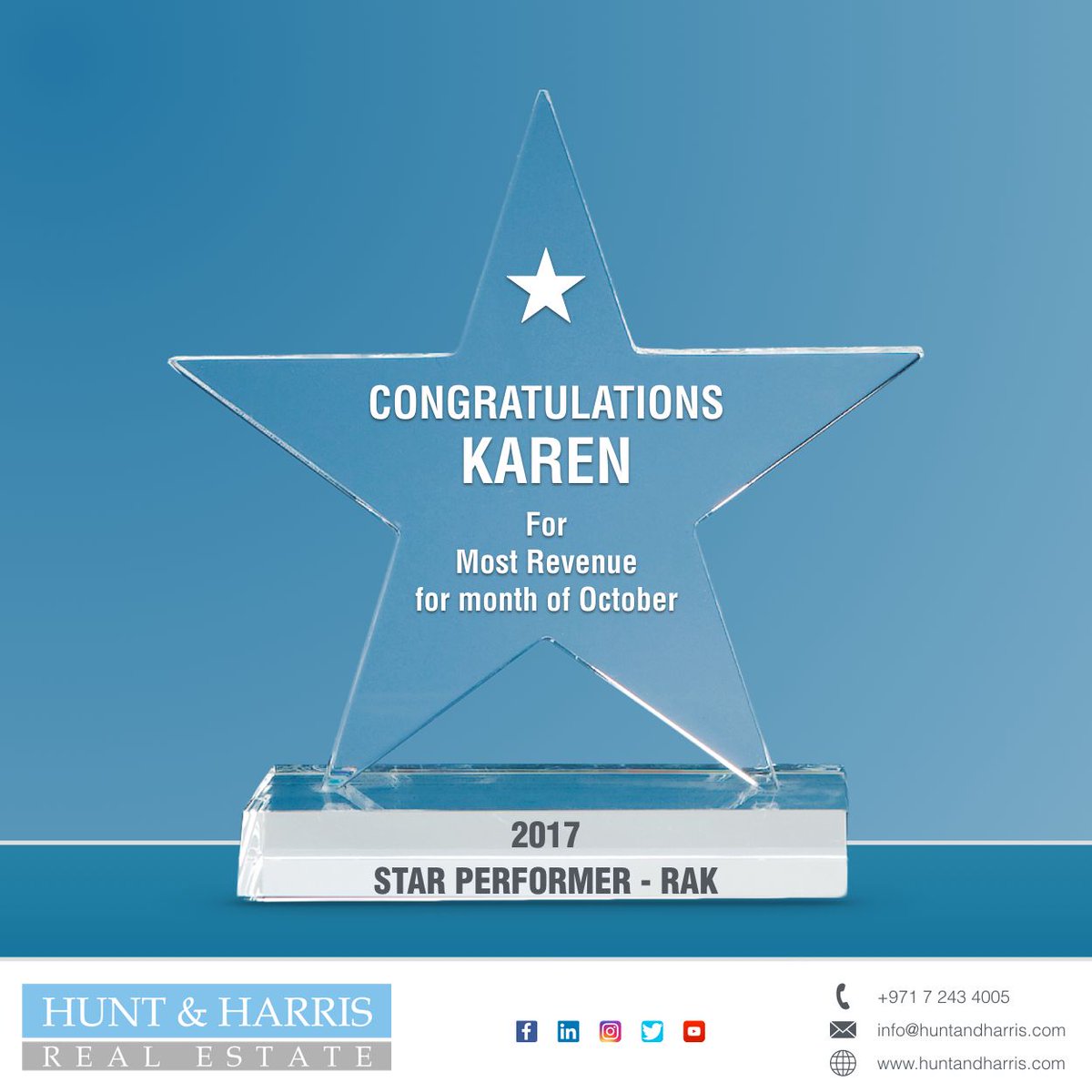 Outstanding performance by our Sales &amp; Leasing Consultant KAREN, in generating Most Revenue in RAK for the month of October, 2017.