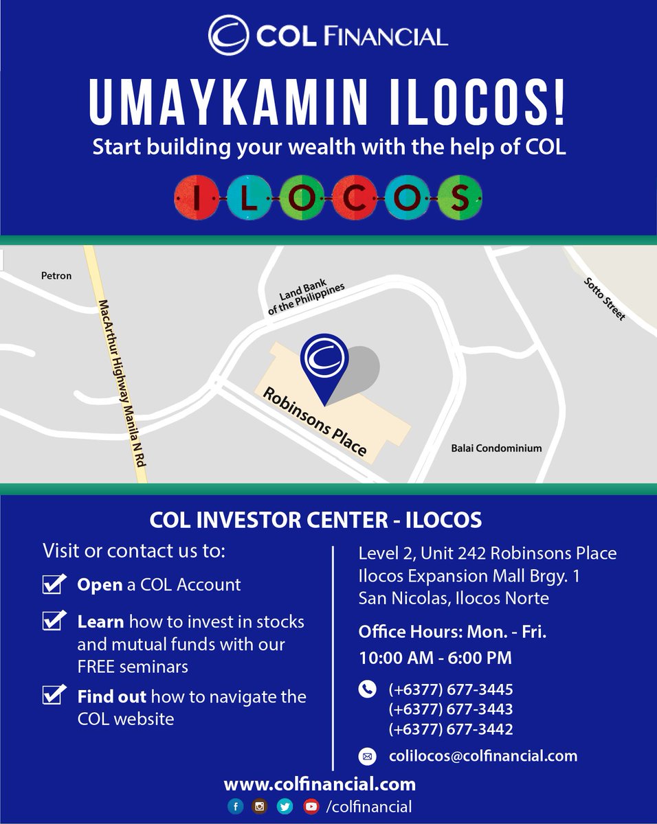 colfinancial's tweet photo. #COLFinancial is now in Ilocos! Visit/contact us at Robinsons Place Ilocos and start building wealth :) #COLilocos #ForARicherLife https://t.co/tuBy8xVQWU