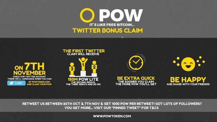 POWtoken's tweet photo. 7th Nov. Extra 1.8 Billion POW'Lite' to be claimed at https://t.co/7IqE8Bbx8n login with Twitter. 1st come most served. https://t.co/Bp4T7g82xv