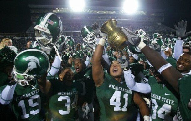 MSUHumor's tweet photo. Fun Fact: 

Spartan Football now has possession of all the B1G Rivalry Game Trophies! 

Want them back? 
Come and take them!
- King Leonidas https://t.co/vZlBlFCugP