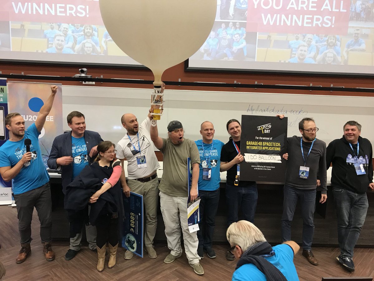 EUSW2017's tweet photo. Team “I Do Balloon” from Latvia win the @garage48 #SpaceTech2017 #hackathon! Congratulations!! #EUSW2017 https://t.co/qk6QEcnmCo