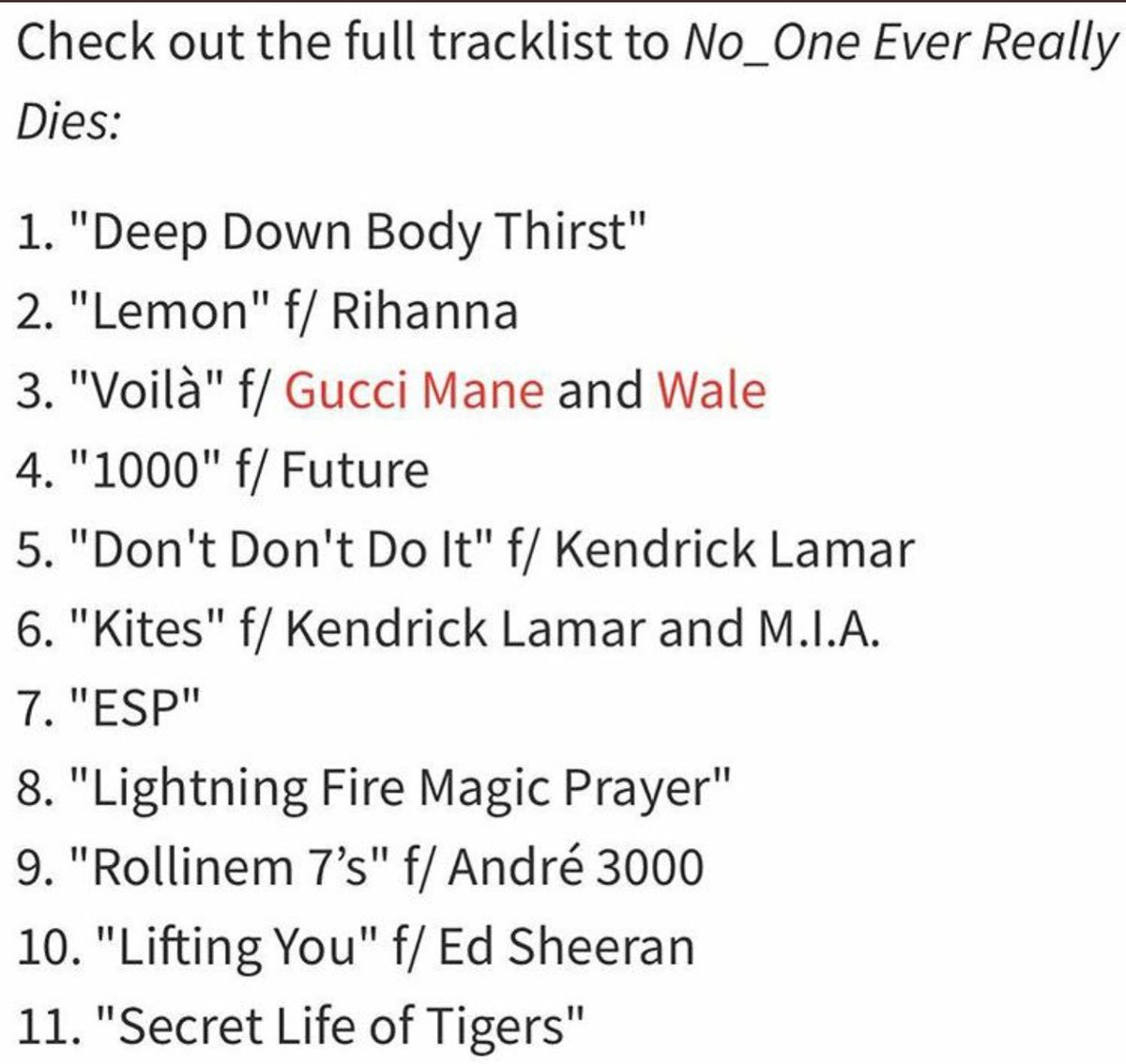 codehip_hop's tweet image. #N.E.R.D announce the tracklist for their upcoming album #NoOneEverReallyDies set to feature @kendricklamar @gucci1017 #Andre3000 and more.💯🐐💿